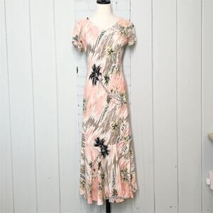 Vintage Kauaiana Palm Print Trumpet Style Maxi Dress Pink Gray White Small